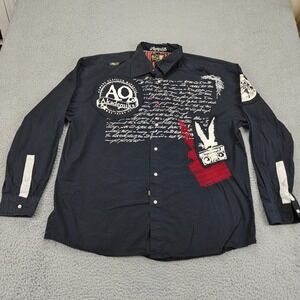 Akademiks Shirt Mens 2XL Black Graphic‎ Button Up Novelty Print Urban Streetwear